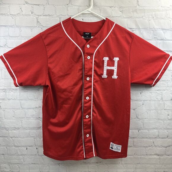 HUF Worldwide Streetwear Mens Size Large Mesh Baseball Jersey Red Short Sleeve‎ - Picture 2 of 9